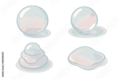 Set of transparent bubbles, droplets, globules, puddle against a gradient background.