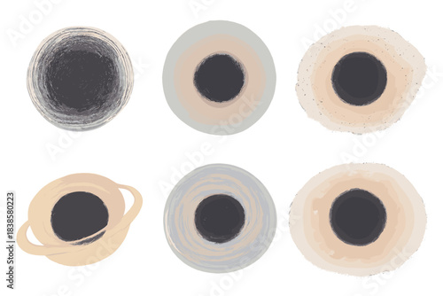 Textured Black Hole Icons. Isometric vector illustration set Textured black holes: circular scribbles, radial pastel shading,