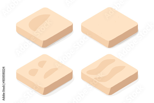 Granular Relief Icons. Isometric vector illustration set Granular relief design: smooth imprints, fine surface scatter, rounded