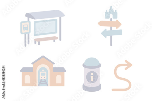 Urban Travel Icons. Isometric vector illustration set Urban travel elements: bus station icon, landmark direction cue, train
