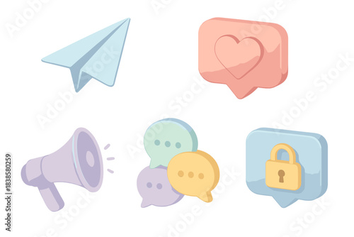 Social Interaction Icons. Isometric vector illustration set Social interaction icons: paper plane message, heart notification