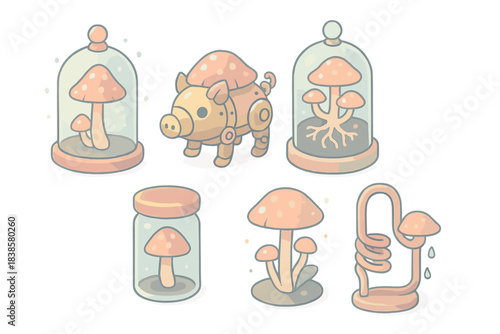 Mycological Machines Set. Isometric vector illustration set Mycological contraptions: radiant spore lantern, brass truffle hog