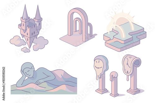 Surreal Dream Architecture. Isometric vector illustration set Dream architecture icons: inverted castle suspended above clouds,