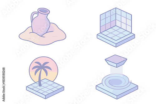 Retro Discovery Icons. Isometric vector illustration set Retro discovery icons: unearthed artifact on sand base, laser grid