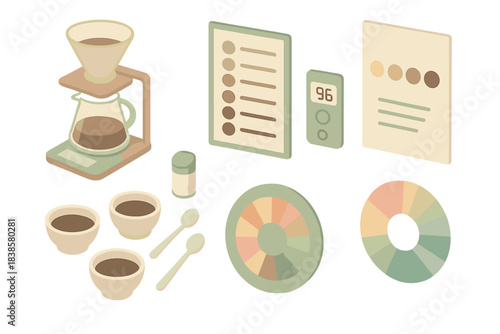 Coffee Tasting Lab Icons. Isometric vector illustration set of coffee tasting lab: pour-over brew stand, grind adjustment chart,