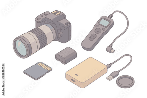 Celestial Photography Gear. Isometric vector illustration set of celestial photography gear: DSLR camera with telephoto lens,