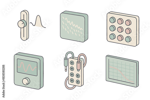 Electronic Sound Design Icons. Isometric vector illustration set of electronic sound design: filter sweep motion, white noise