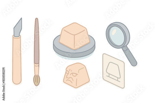 Keycap Sculpting Tools. Isometric vector illustration set of keycap sculpting tools: miniature carving knife, fine brush for