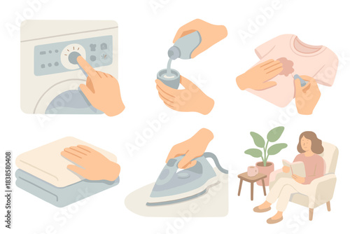 Clothing Care Icons. Isometric vector illustration set of clothing care steps: choosing wash cycle, pouring detergent cap,