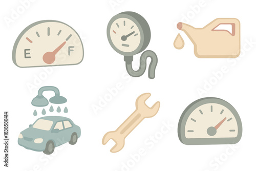 Vehicle Maintenance Icons. Isometric vector illustration set of vehicle maintenance icons: low gas fuel gauge warning, tire
