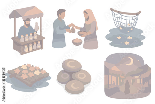 Dreamlike Market Icons. Isometric vector illustration set of dreamlike market icons: vendor selling bottled twilight glow, trader