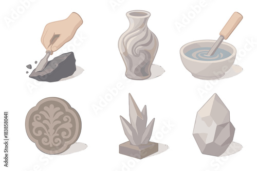 Glasslike Stone Crafting. Isometric vector illustration set of glasslike stone craftsmanship: carving obsidian fragment, vase