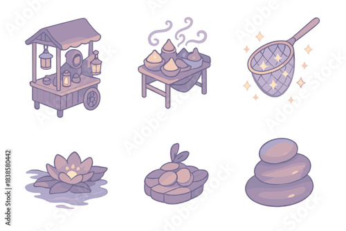 Enchanted Economy Icons. Isometric vector illustration set of enchanted economy icons: twilight-filled lantern vendor, spice stand