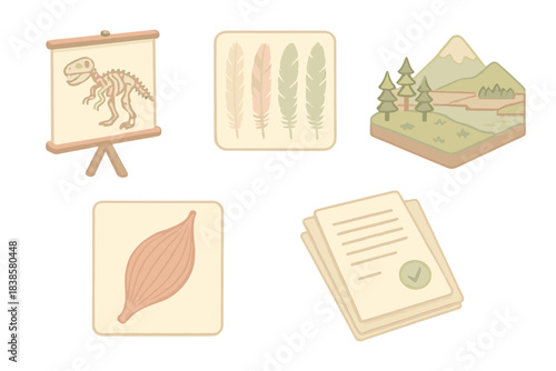 Paleoart Icon Collection. Isometric vector illustration set of paleoart and anatomy study icons: skeletal fossil reconstruction