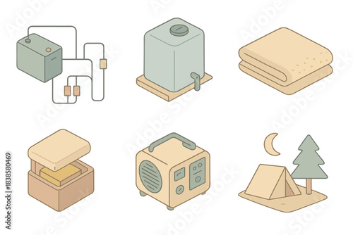 Set of six icons: battery, water tank, blanket, cooler, radio, tent with tree.