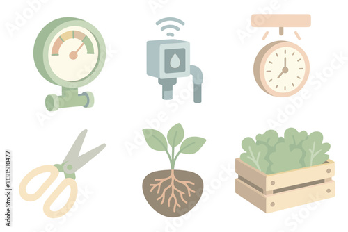 Greenhouse Automation Icons. Isometric vector illustration set of greenhouse automation icons: nutrient mix balance gauge, water