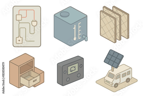 Camper Van Essentials. Isometric vector illustration set of camper van utilities: electrical wiring diagram board, freshwater tank