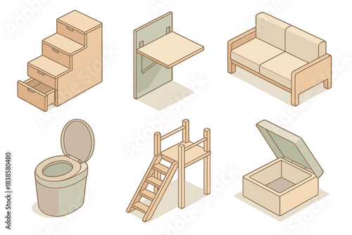 Smart Space Furniture. Isometric vector illustration set of smart space furniture: steps with hidden drawers, collapsible desk