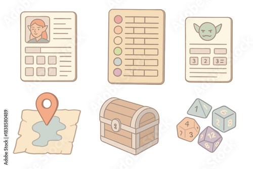 RPG Management Icons. Isometric vector illustration set of tabletop RPG management: NPC character profile sheet, initiative