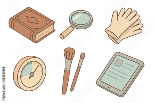 Rare Book Appraisal Icons. Isometric vector illustration set of rare book appraisal workflow: leather-bound book, inspection loupe