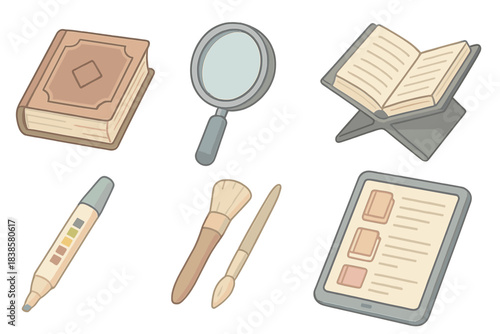 Book Preservation Icons. Isometric vector illustration set of book appraisal and preservation: rare tome, magnifying glass, book