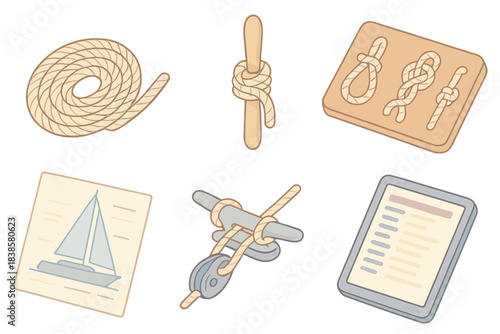 Sailboat Maintenance Icons. Isometric vector illustration set of sailboat maintenance and training: rope coil, belaying pin, knot