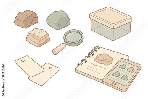 Geology Field Workflow. Isometric vector illustration set of geology field workflow: rock samples, magnifying loupe, collection