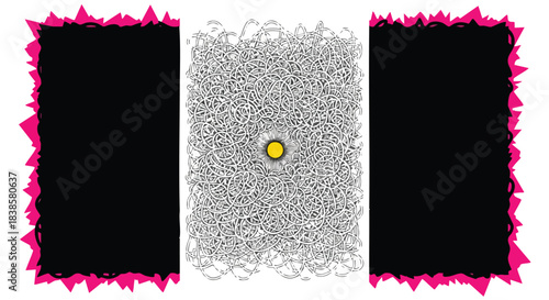 A vibrant yellow point of focus emerges from a chaotic tangle of grey lines, framed by bold black panels with jagged pink borders.