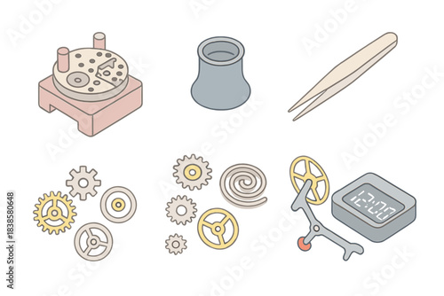 Watchmaking Tool Essentials. Isometric vector illustration set of mechanical watch assembly kit: movement holder, loupe magnifier,