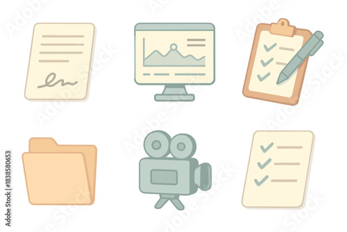 Filmmaker's Toolkit Icons. Isometric vector illustration set of filmmaker management tools: signed release sheets, digital