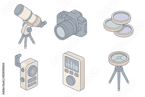 Night Sky Imaging Toolkit. Isometric vector illustration set of night sky imaging toolkit: telescope mount, DSLR camera, lens