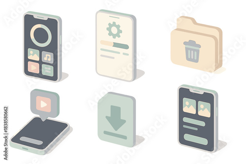 Smartphone Storage Cleanup Icons. Isometric vector illustration set Basic smartphone storage cleanup and management: dark mode