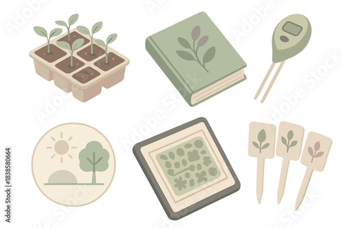 Native Plant Toolkit. Isometric vector illustration set of native plant workflow: seedling samples, botanical guidebook, soil