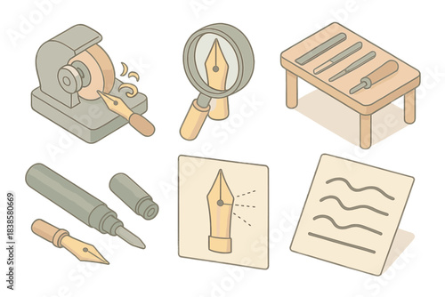 Vintage Pen Crafting. Isometric vector illustration set Vintage fountain pen nib grinding styles: nib grinding wheel with shavings