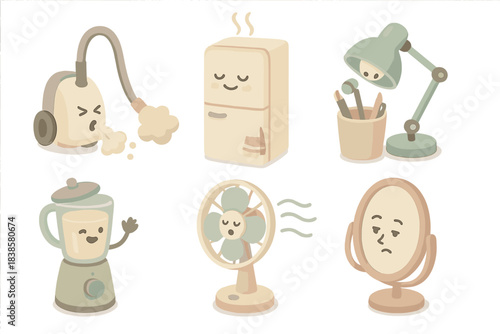 Sentient Home Objects. Isometric vector illustration set Sentient household object daily routines: sneezing vacuum blowing dust,