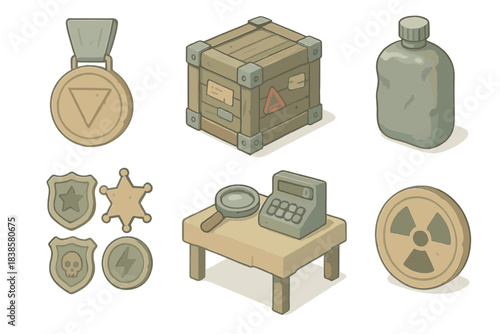 Post-Apocalyptic Relic Icons. Isometric vector illustration set Post-apocalyptic relic identification and trading: trade permit