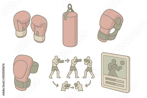 Martial Arts Icons. Isometric vector illustration set of martial arts workout workflow: boxing gloves, heavy bag, elbow pad, knee