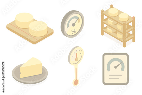 Dairy Aging Process. Isometric vector illustration set of dairy aging workflow: cheese boards, humidity gauge, temperature dial,