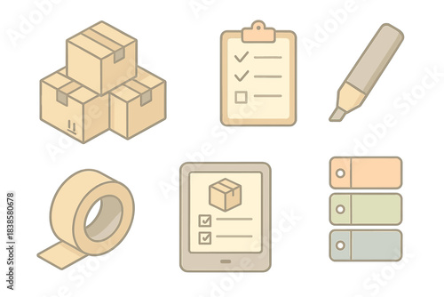 Moving Process Icons. Isometric vector illustration set of moving workflow icons: stack of moving boxes, packing checklist, marker