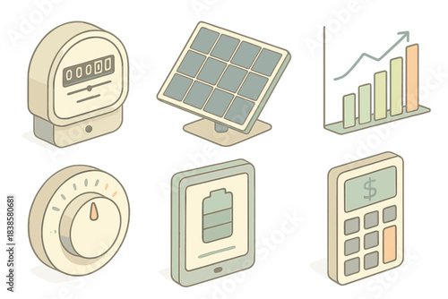 Home Energy Icons. Isometric vector illustration set of home energy management: electricity meter, solar panel icon, consumption