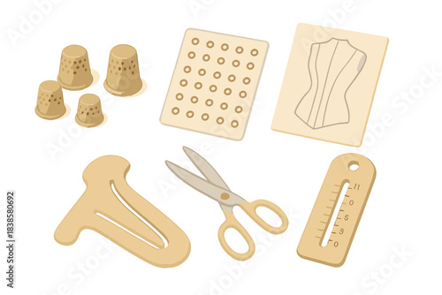 Historical Corsetry Tools. Isometric vector illustration set Historical corsetry pattern drafting tools: brass thimble set,