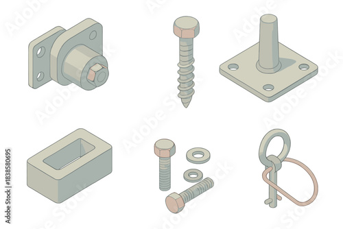 Treehouse Hardware Icons. Isometric vector illustration set Professional treehouse building hardware: floating bracket assembly,