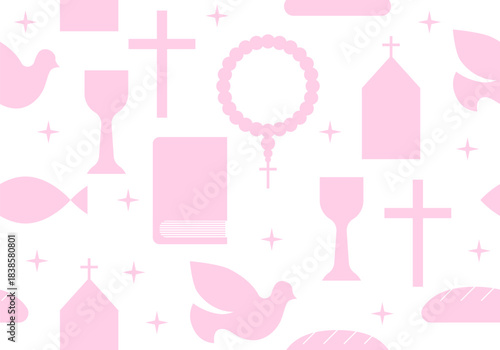 Seamless pattern with christian religion icons, holy communion, rosary, bible, dove, chalice for wrapping, greeting cards