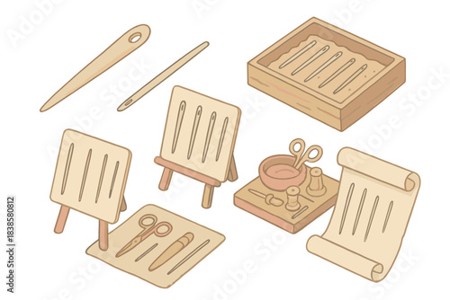 Historical Needle Collection. Isometric vector illustration set Historical sewing needle typology: bone pin with beveled end,