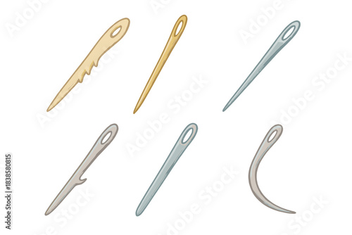 Historical Needle Collection. Isometric vector illustration set Historical sewing needle typology: prehistoric fishbone needle,
