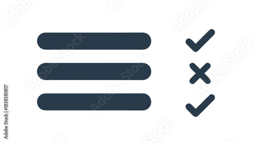 Abstract Dark Blue Three Horizontal Lines Icon Symbolizing A Menu List With Check Mark And Cross Mark Symbols On The Right Side Against A Plain Black Background