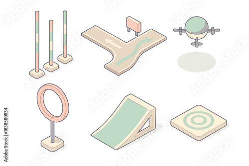 Drone Racing Course Design. Isometric vector illustration set Drone racing obstacle course design: slalom pole set with base