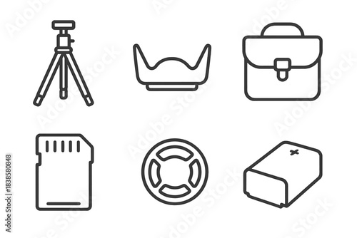 Camera Gear Icons. Line style icons of camera gear: tripod stand, lens hood, camera bag icon, SD memory card, lens cap, battery