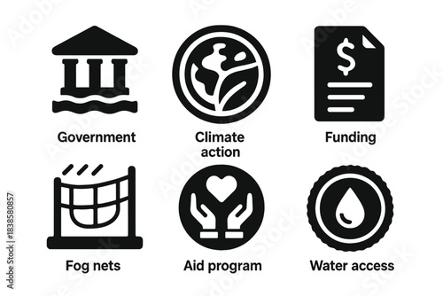 Sustainable Infrastructure Icons. Solid style icons of policy and infrastructure: government water icon, climate action badge,