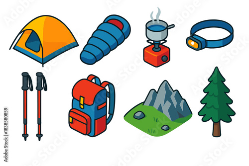 Outdoor Adventure Icons. Isometric vector illustration set Outdoor sports – mountain tent, sleeping bag, camp stove; headlamp,